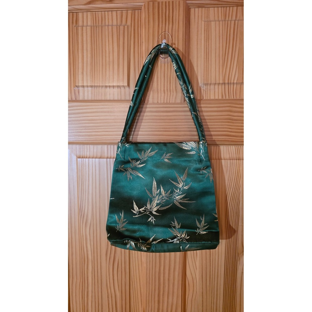 Green Gold Bamboo Satin Handbag Evening Bag Jacquard Floral Top Handle Purse